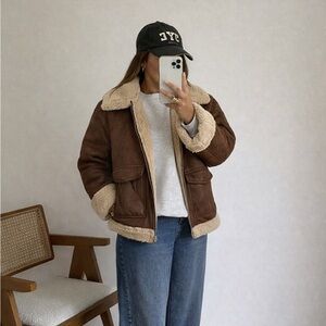 Express Brown Sherpa Aviator Jacket with Cream Accents